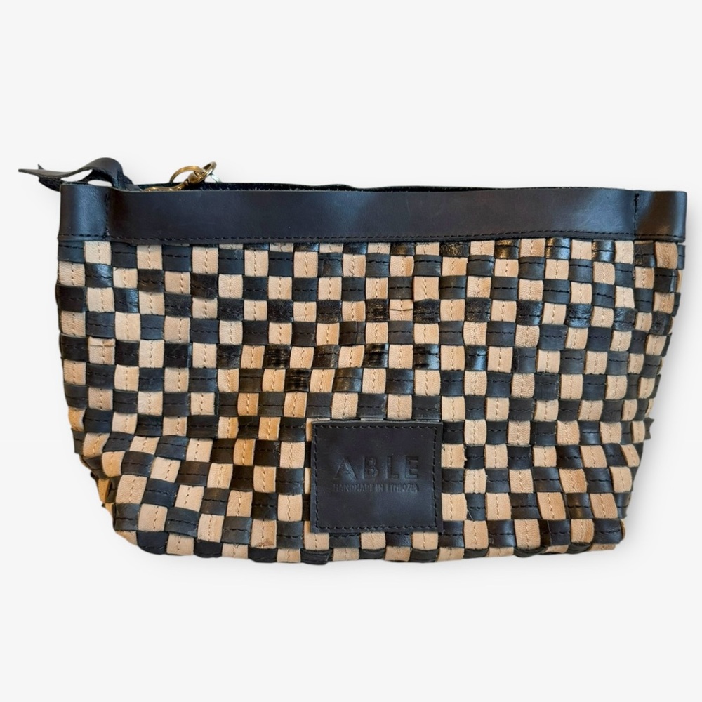 NWOT Able Nesmia Basketweave Leather Zip Top Large Clutch Bag in Black and Tan